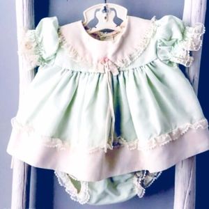 Vintage 1960s Frilly Green Baby Girl Dress Set